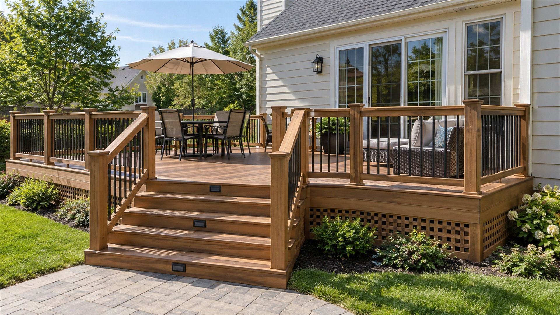 Finished backyard deck with railings and paver patio area