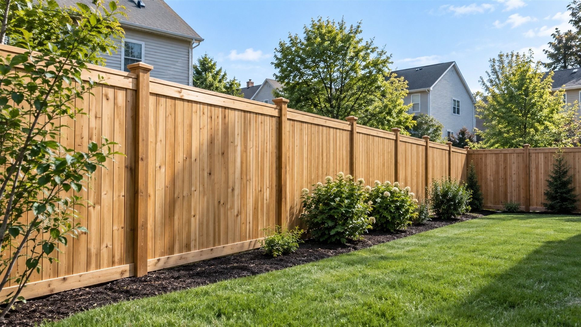 Finished wood privacy fence installation in a residential backyard