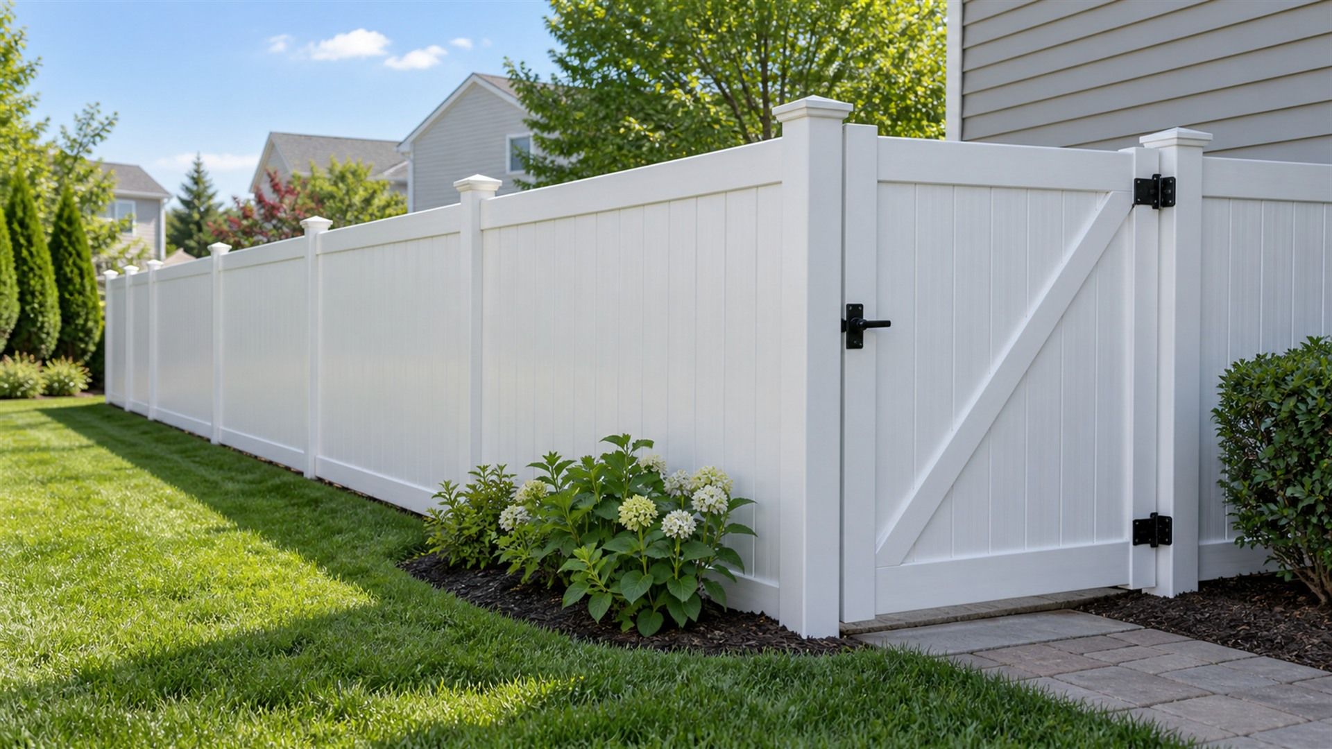 Finished white privacy fence and gate installation in a residential yard