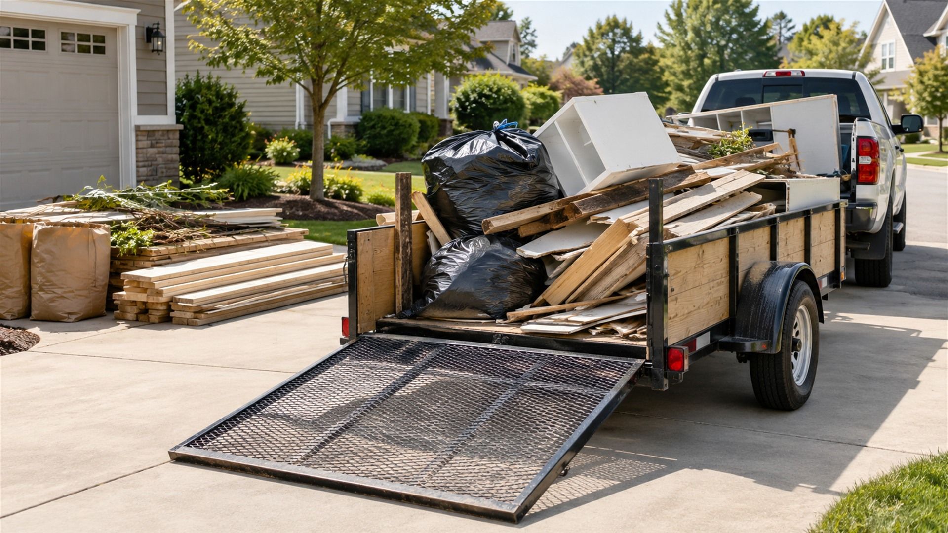 Junk removal trailer loaded with renovation debris in a residential driveway